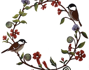 Chickadees & Flowers Wreath Wall Art | Hand Painted | R224