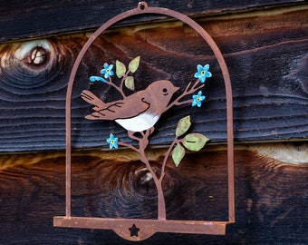 Warbler with Flower 3D | Rusted Metal Yard Art | Garden Gifts | Metal Garden Art | Garden Bed Decor | Bird Art | Garden Decor