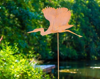 Flying Heron Stake Wild Bird Art | Heron Art | Metal Bird Gift | Metal Wildlife Art |  Rusty |Rusted Metal Yard Art | Garden Gifts | Metal