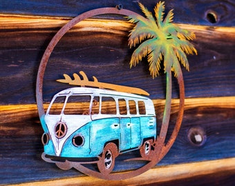 Beach Bus Ring Hand Painted -Metal Silhouette Garden Yard |  | Rusted Metal Yard Art | Garden Gifts | Metal Garden Art | Garden Bed Decor|