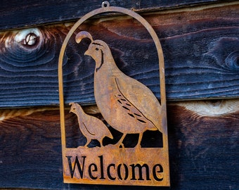 Quail Family Welcome Sign | Wild Bird Art | Rustic Metal Wall Art | High Desert Decor | Front Door Metal Sign | Metal Quail Art | WE603