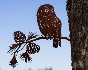 Saw-Whet Owl on Pine Branch, Pine Tree Metal Art, Pine Cone Metal Art, Garden Gift, Outdoor Metal Accent Piece, Pacific Northwest Art | M422