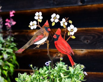 Cardinals on Dogwood Stake - Painted | Wild Bird || Rusted Metal Yard Art | Garden Gifts | Metal Garden Art | Garden Bed Decor