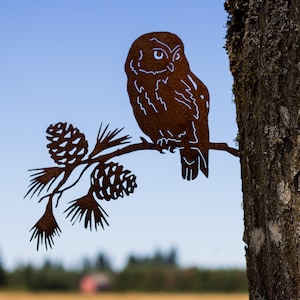 Saw-Whet Owl on Pine Branch, Pine Tree Metal Art, Pine Cone Metal Art, Garden Gift, Outdoor Metal Accent Piece, Pacific Northwest Art | M422