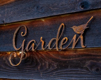 Garden Script Wall Art | Metal Garden Sign | Metal Word Art | Garden Typography | Front Door Art | Wild Bird Art | Garden Gifts for Mom W105
