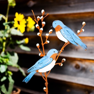 Hand Painted Metal Bluebirds on Spring Willow Garden Stake | Bluebirds Silhouette | Rusted Metal Yard Art | Garden Gifts | S928P