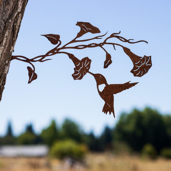 Hummingbird on Morning Glory| Rusted Metal Yard Art | Garden Gifts | Metal Garden Art | Garden Bed Decor | Bird Art | Garden Decor