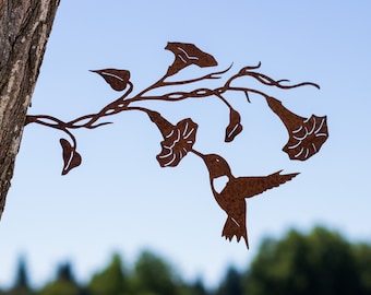 Hummingbird on Morning Glory| Rusted Metal Yard Art | Garden Gifts | Metal Garden Art | Garden Bed Decor | Bird Art | Garden Decor