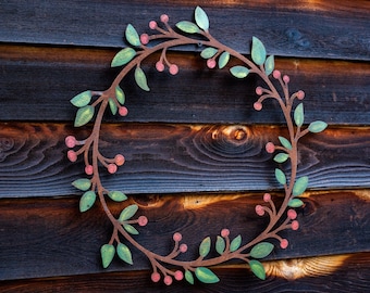 Leaf & Berry Wreath - LARGE - Painted |Rusted Metal Yard Art | Garden Gifts | Metal Garden Art | Garden Bed Decor | Garden Wreath