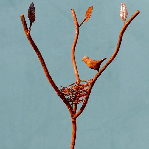 Mini Bird Nest Stake Rusty Metal Garden Stake Metal Yard Etsy