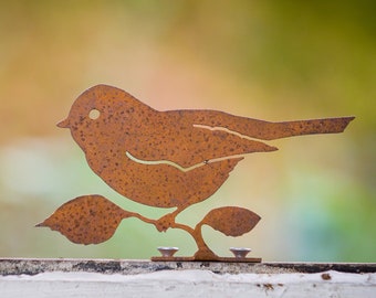 Metal Bird with Leaves Garden Art | Metal Bird Silhouette | Rusted Metal Yard Art | Garden Gifts | B751