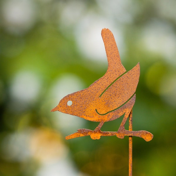 Metal Wren on a Branch Garden Stake | Bird Silhouette | Rusted Metal Yard Art | Garden Gifts | P415