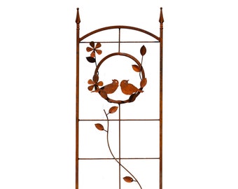 Bird and Flower Wreath Trellis Rusted Garden Art Metal Bird Silhouette TR321 Unique Garden Art Bird Lover's Gift