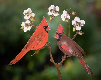 Metal Hand Painted Cardinals on Flowering Dogwood Garden Art | Cardinal Silhouette | Dogwood Flower | Rusted Yard Art | Garden Gifts | B782P