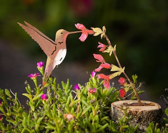 Metal Hand Painted Ruby-Throated Hummingbird on Salvia Flower Garden Art | Hummingbird Silhouette | Rusted Yard Art | Garden Gifts | B769P