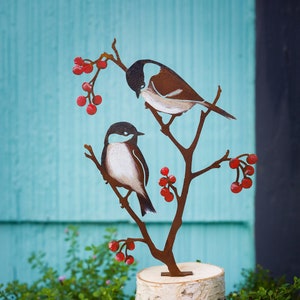 Metal Hand Painted Chickadees and Berries Garden Art | Black-Capped Chickadee Silhouette | Rusted Yard Art | Garden Gifts | B772P