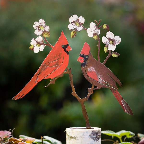 Metal Hand Painted Cardinals on Flowering Dogwood Garden Art | Cardinal Silhouette | Dogwood Flower | Rusted Yard Art | Garden Gifts | B782P