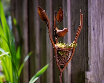 Mini Bird Nest Stake | Rusty | Metal Garden Stake | Metal Yard Stake | Wild Bird Art | Metal Bird Art | Bird Gift for Mom | Garden Art S907