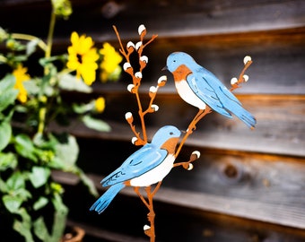 Hand Painted Metal Bluebirds on Spring Willow Garden Stake | Bluebirds Silhouette | Rusted Metal Yard Art | Garden Gifts | S928P