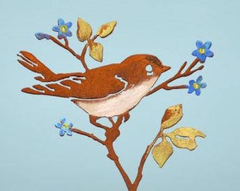 Metal Hand Painted Warbler on Forget-Me-Not Flowers Garden Art | Warbler Silhouette | Rusted Yard Art | Garden Gifts | B762P