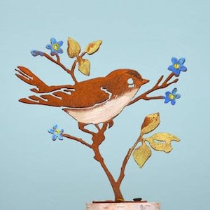 Metal Hand Painted Warbler on Forget-Me-Not Flowers Garden Art | Warbler Silhouette | Rusted Yard Art | Garden Gifts | B762P