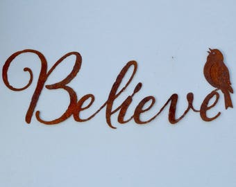Believe Metal Wall Art | Believe Word Sign | Metal Typography Sign | Rustic Christmas Wall Art | Primitive Christmas Wall Art | Rusty | W103