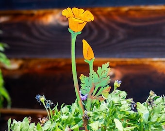 Hand-Painted California Poppy Garden Stake  | Two Flowers On One Stake