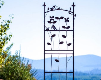 Large, Decorative Metal Bird and Flower Garden Trellis | Rusted Metal Yard Art | Garden Gifts | Metal Garden Art | Garden Bed Decor |