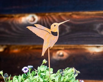 Metal Hummingbird Garden Stake | Hummingbird Silhouette | Rusted Metal Yard Art | Garden Gifts | Metal Garden Art | Garden Bed Decor