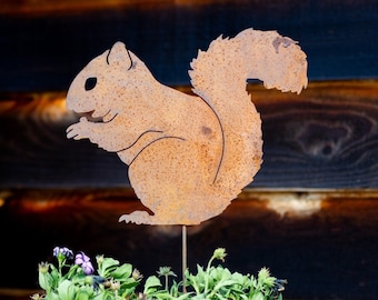 Large Metal Nibbling Squirrel Garden Stake | Squirrel Silhouette | Rusted Metal Yard Art | Garden Gifts | P428