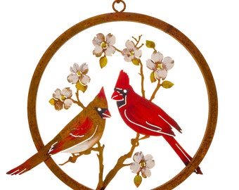 Cardinals on Dogwood Ring - Painted | Rusted Metal Yard Art | Garden Gifts | Metal Garden Art | Garden Bed Decor | | Garden Decor |