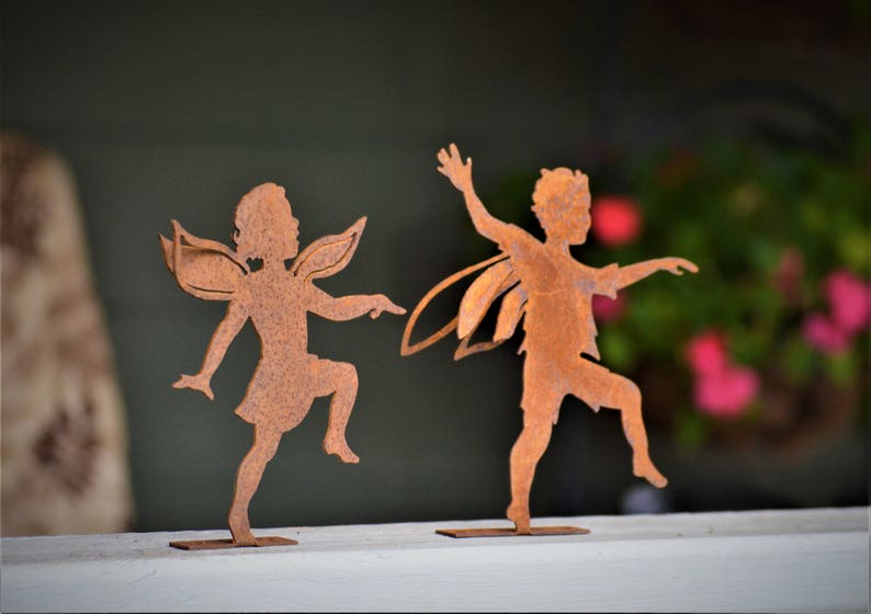 Skipping Boy Fairy Fairy Garden Peter Pan Pixie Art Fence Decor Metal Garden Art Fairy Garden Ornament Rusty F801 image 2