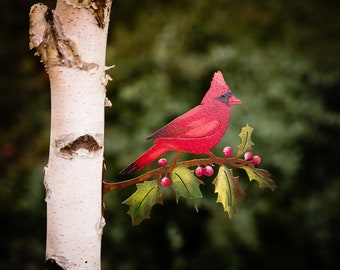 Cardinal on Holly Branch | Rusted Metal Yard Art | Garden Gifts | Metal Garden Art | Garden Bed Decor | Bird Art | Garden Decor