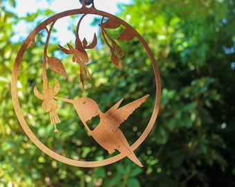 Hummingbird Fuchsias Mini Ring | Rusted Metal Yard Art | Garden Gifts | Metal Garden Art | Garden Bed Decor