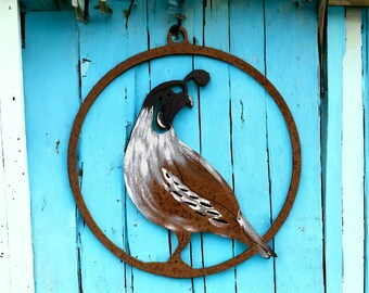 Painted Quail 9 Inch Ring | Hand Painted| Metal Bird Silhouette | Rusted Garden Art| Yard Decor| Garden Gift| Quail Gift | Bird Art | R244P