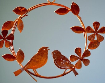 Singing Birds Wreath | Metal Yard Art | Rustic Porch Decor | Wild Bird Art | Metal Birds and Flowers | Spring Wreath For Front Door | R209