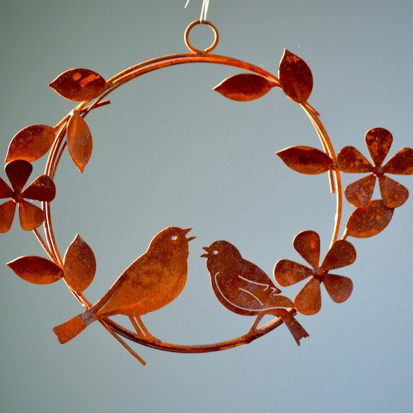 Singing Birds Wreath | Metal Yard Art | Rustic Porch Decor | Wild Bird Art | Metal Birds and Flowers | Spring Wreath For Front Door | R209