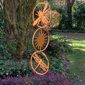 Happy Daze Triple Ring Mobile | Rusted Metal Yard Art | Garden Gifts | Metal Garden Art | Garden Bed Decor|