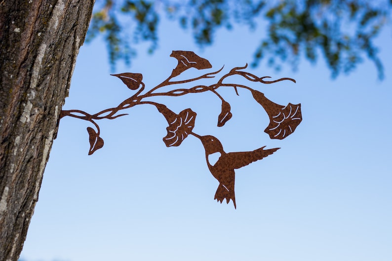 Hummingbird on Morning Glory Rusted Metal Yard Art Garden Gifts Metal Garden Art Garden Bed Decor Bird Art Garden Decor image 2