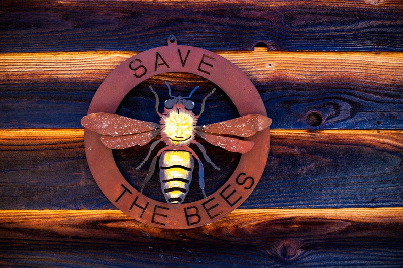 Save The Bees Wall Art Rusted Metal Yard Art Garden Gifts Metal Garden Art Garden Bed Decor Bee Art Home Decor image 1
