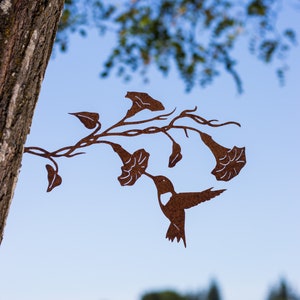 Hummingbird on Morning Glory Rusted Metal Yard Art Garden Gifts Metal Garden Art Garden Bed Decor Bird Art Garden Decor image 3