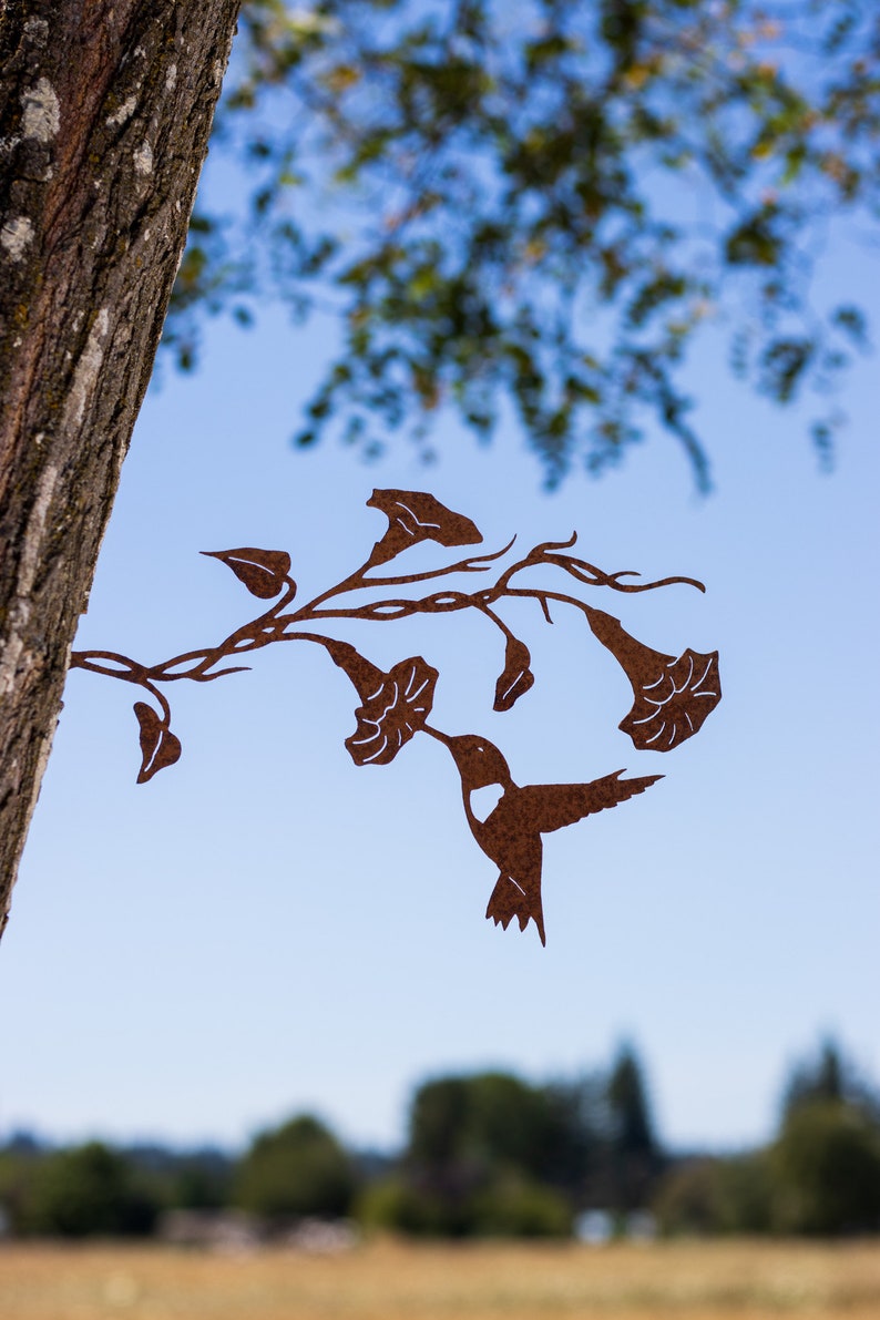 Hummingbird on Morning Glory Rusted Metal Yard Art Garden Gifts Metal Garden Art Garden Bed Decor Bird Art Garden Decor image 3