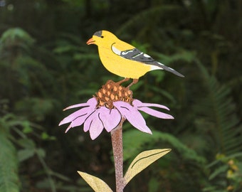 Metal Hand Painted Gold Finch on Coneflower Garden Art | Gold Finch Silhouette | Echinacea Flower | Rusted Yard Art | Garden Gifts | B770P