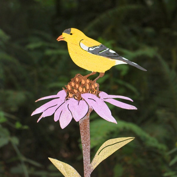 Metal Hand Painted Gold Finch on Coneflower Garden Art | Gold Finch Silhouette | Echinacea Flower | Rusted Yard Art | Garden Gifts | B770P