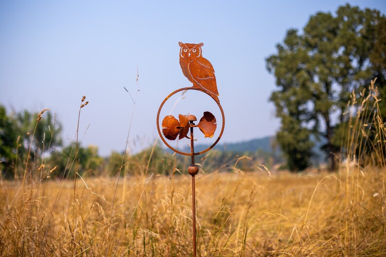 Owl Perched On Ginkgo Leaf Spinner Stake image 1