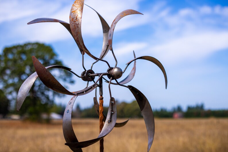 Medium Whirligig Spinner Rusted Metal Yard Art Garden Gifts Metal Garden Art Garden Bed Decor Wind Spinner image 3