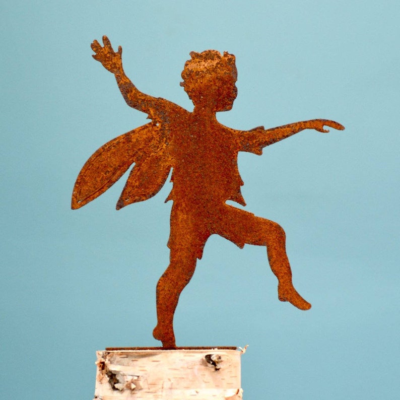 Skipping Boy Fairy Fairy Garden Peter Pan Pixie Art Fence Decor Metal Garden Art Fairy Garden Ornament Rusty F801 image 1