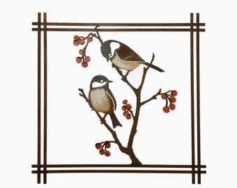 Chickadees and Cherries Wall Art - Painted | Black-Capped Chickadee | Metal Wall Art | Wild Bird Art | Bird Lovers Gift | Garden Gift |W121P