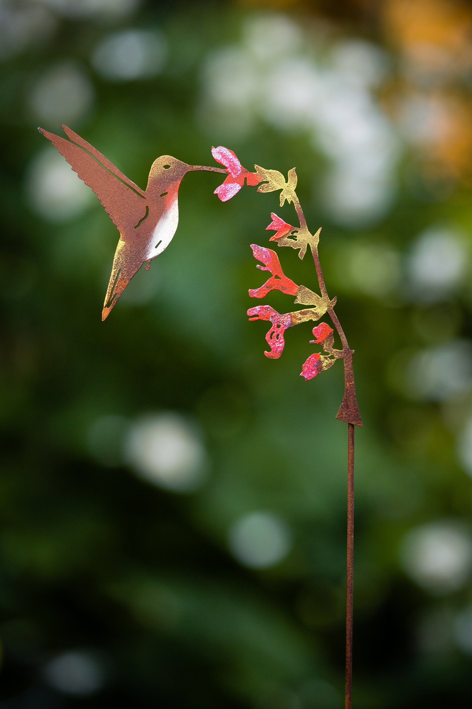 Hand Painted Metal Hummingbird Garden Stake | Ruby-Throated Hummingbird Silhouette | Rusted Metal Yard Art | Garden Gifts | S921P