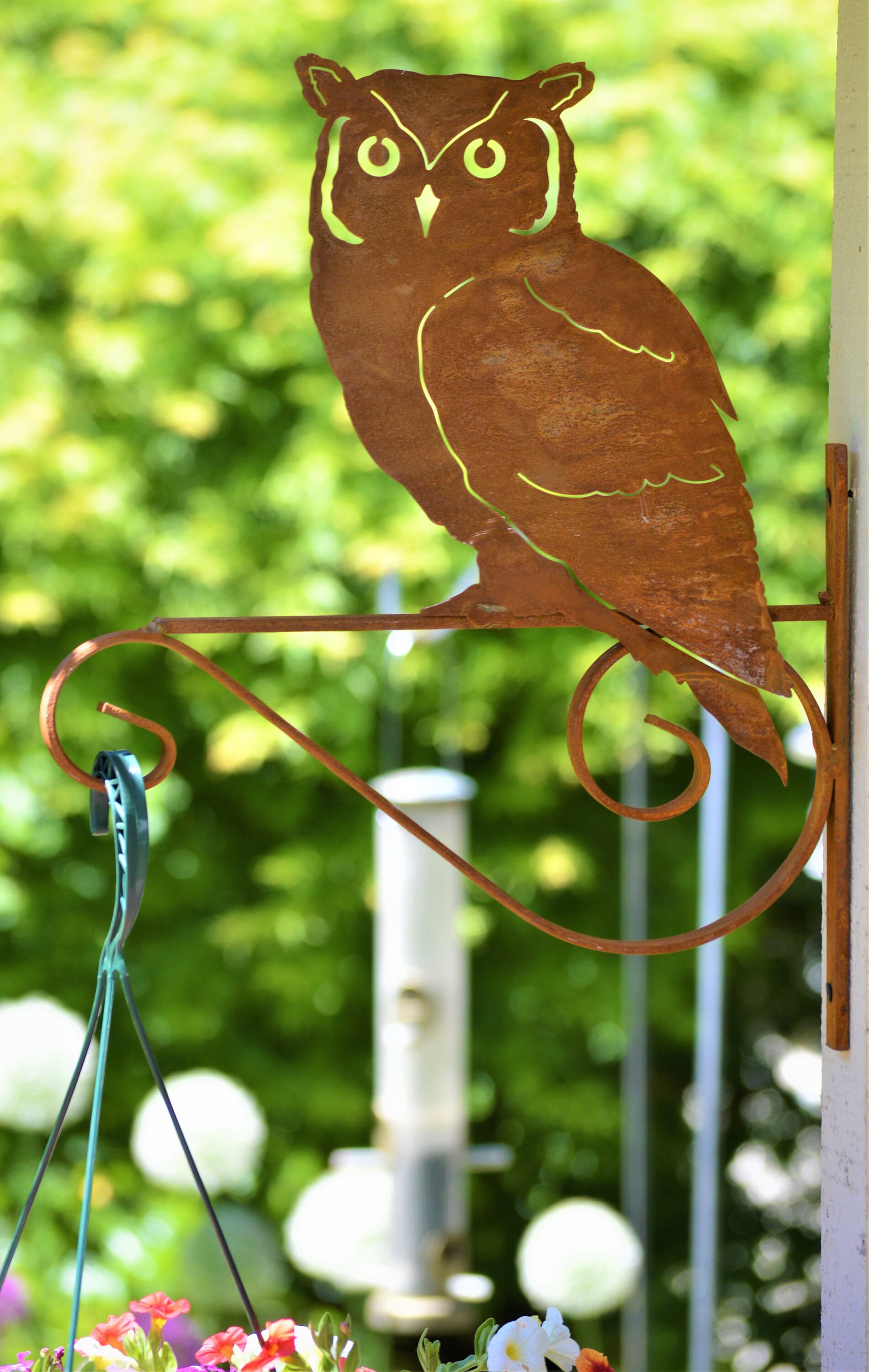 Screech Owl Plant Hanger Hook, Metal Garden Art, Screech Owl Metal Art